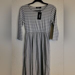 Grey and White Striped Bodice with Solid Grey Skirt 3/4 Sleeve Maxi Dress